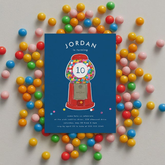 Invitation Red Gumball Machine Candy Bubble Gum Anniversaire (Red retro gumball candy machine kids blue birthday party invitation.)