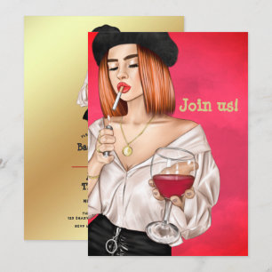 Invitation Red Haied French Wine Woman Bachelorette Party