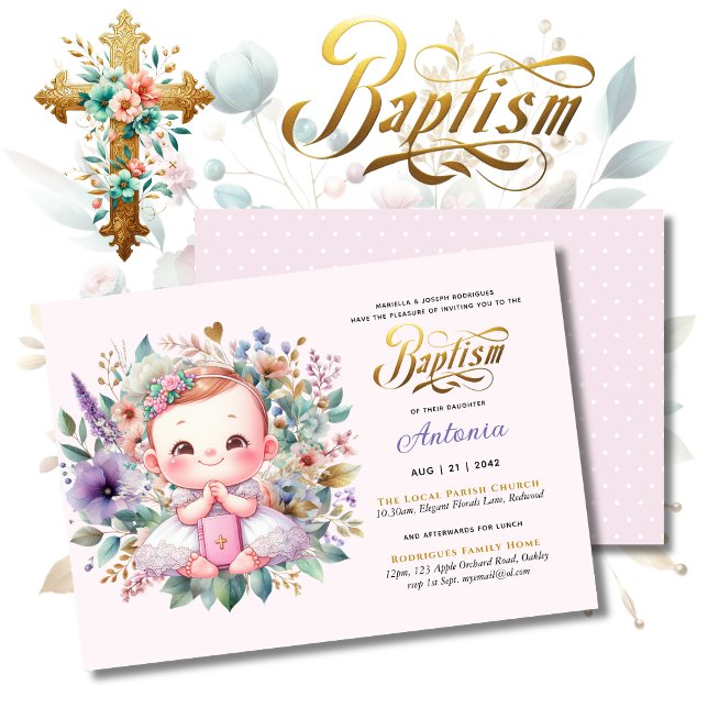 Invitation Red Hair Girl's BAPTISM Purple Gold Floral Cross (Créateur téléchargé)