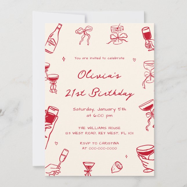 Invitation Red Hand Drawn Adult Birthday Party (Devant)