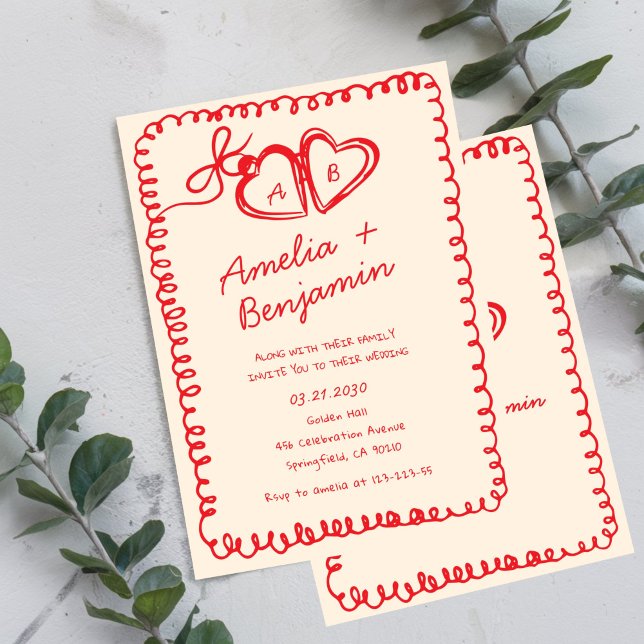 Invitation red hand drawn heart Whimsical Wedding  (Créateur téléchargé)
