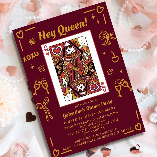 Invitation Red Hand Drawn Queen Of Hearts Galentine's Party (Créateur téléchargé)