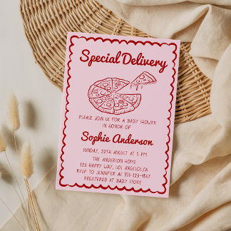 Invitation Red Hand Drawn Special Delivery Pizza Baby Shower
