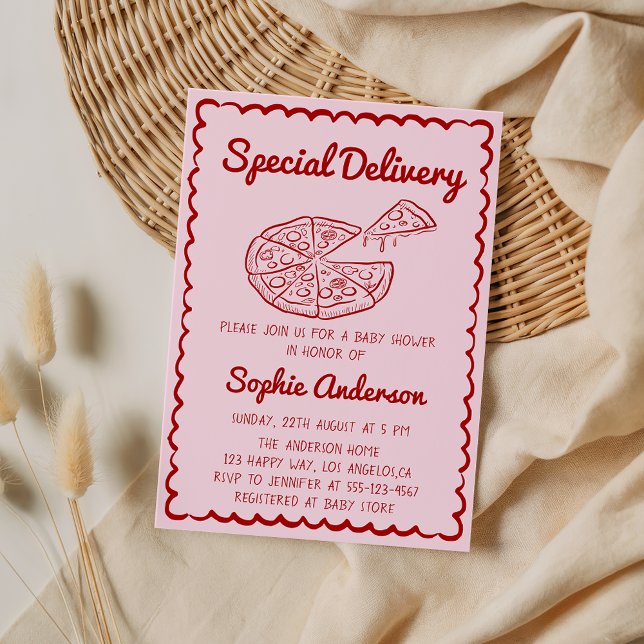 Invitation Red Hand Drawn Special Delivery Pizza Baby Shower (Créateur téléchargé)