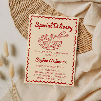 Invitation Red Hand Drawn Special Delivery Pizza Baby Shower