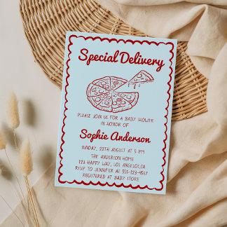 Invitation Red Hand Drawn Special Delivery Pizza Baby Shower