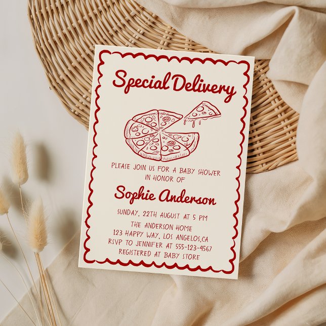 Invitation Red Hand Drawn Special Delivery Pizza Baby Shower (Créateur téléchargé)