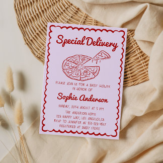 Invitation Red Hand Drawn Special Delivery Pizza Baby Shower