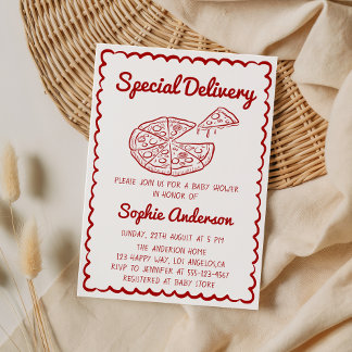Invitation Red Hand Drawn Special Delivery Pizza Baby Shower