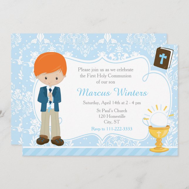 Invitation Red Head Boy First Communion Damask (Devant / Derrière)