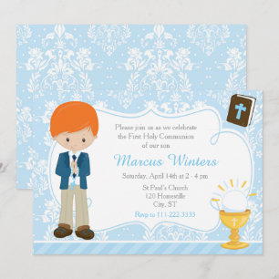 Invitation Red Head Boy First Communion Damask
