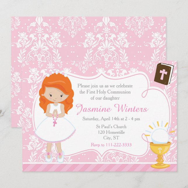 Invitation Red Head Girl First Communion Damask (Devant / Derrière)