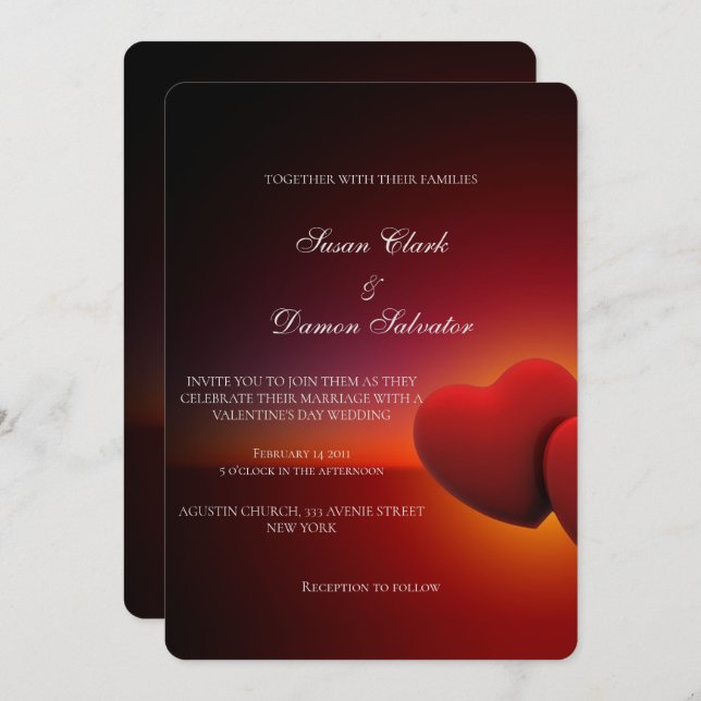 Invitation Red Heart Elegant Valentine's Wedding Day (Devant / Derrière)