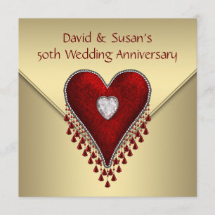 Invitation Red Heart Gold 50th Mariage Anniversary Party