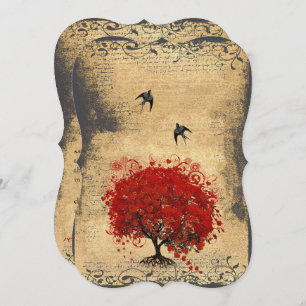 Invitation Red Heart Leaf Tree Vintage Birds Mariage