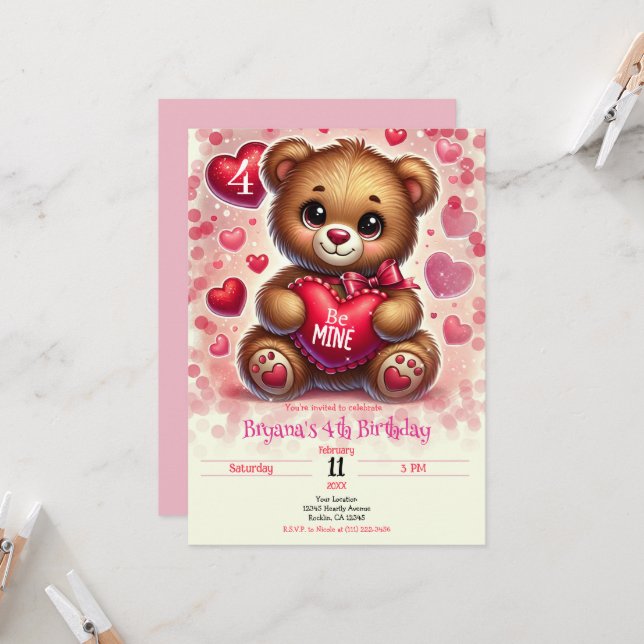 Invitation Red Heart Valentine Teddy Bear fête d'anniversaire (Devant/Arrière en situation)