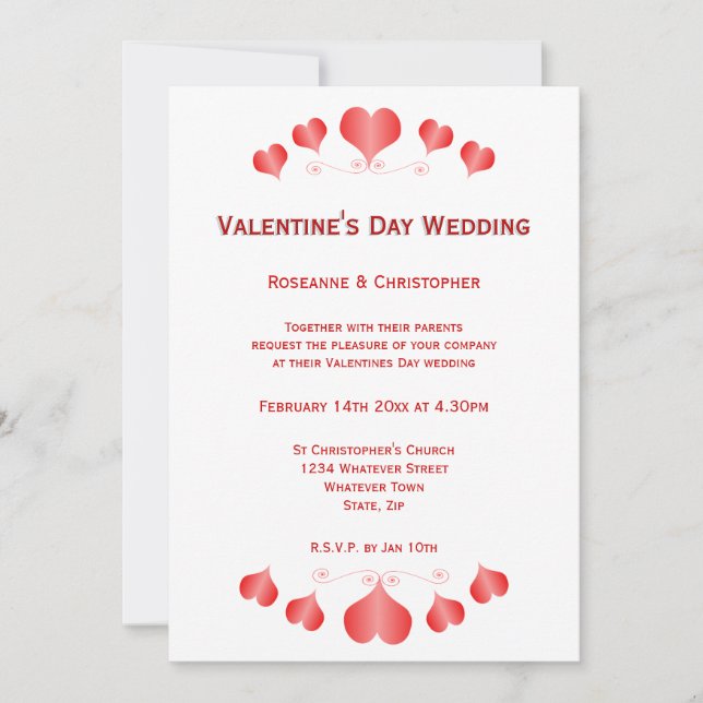Invitation Red Hearts Design Valentines Day Mariage (Devant)