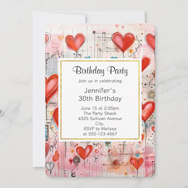 Invitation Red Hearts Whimsical Love Motif Anniversaire (Devant)