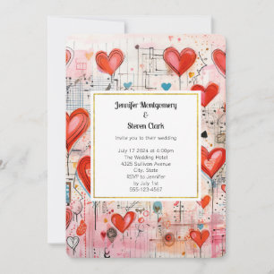 Invitation Red Hearts Whimsical Love Motif Mariage