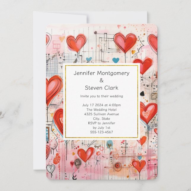 Invitation Red Hearts Whimsical Love Motif Mariage (Devant)
