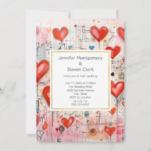Invitation Red Hearts Whimsical Love Motif Mariage