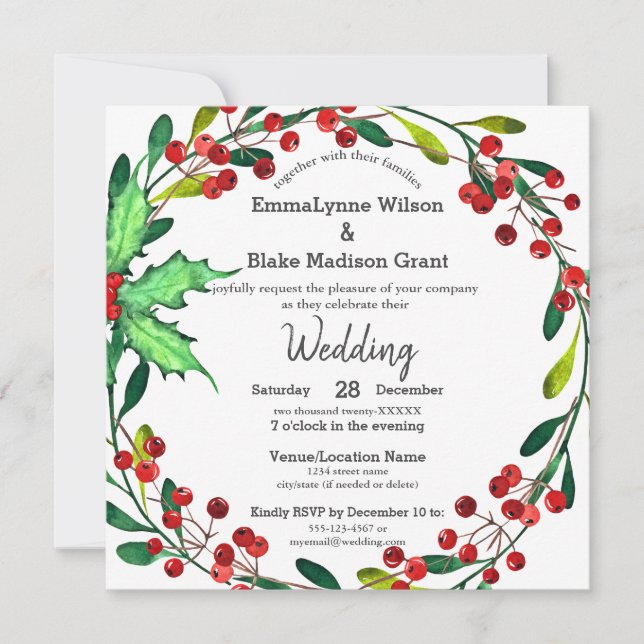 Invitation Red Holly Berries Green Wreath White Mariage (Devant)
