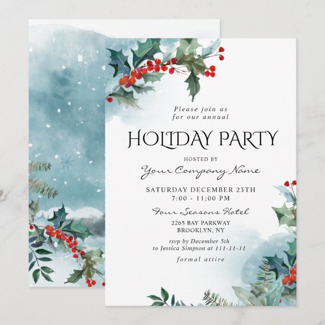 Invitation Red Holly Berry CORPORATE Fête de Noël (Devant / Derrière)