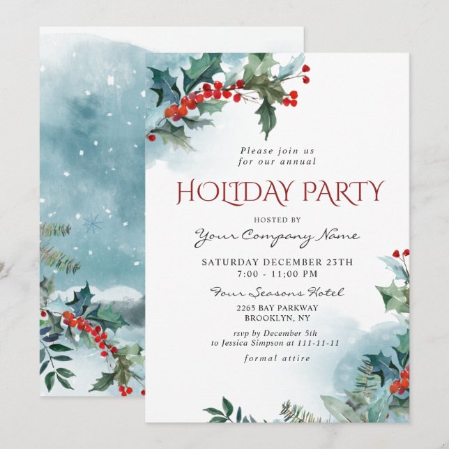 Invitation Red Holly Berry CORPORATE Fête de Noël (Devant / Derrière)
