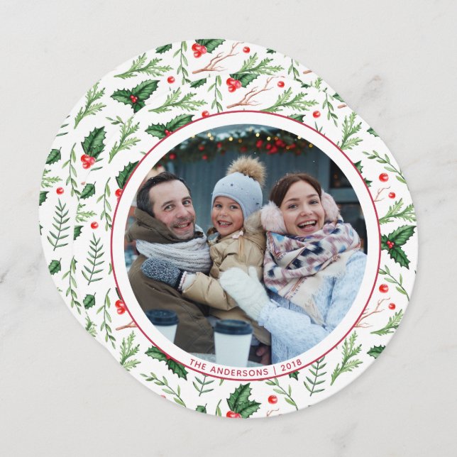 Invitation Red Holly Feuille Noël Famille de photos Vacances (Devant / Derrière)