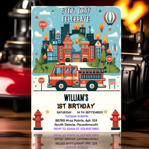 Invitation Red Hot Fire Truck Engine Sécurité 1er anniversair