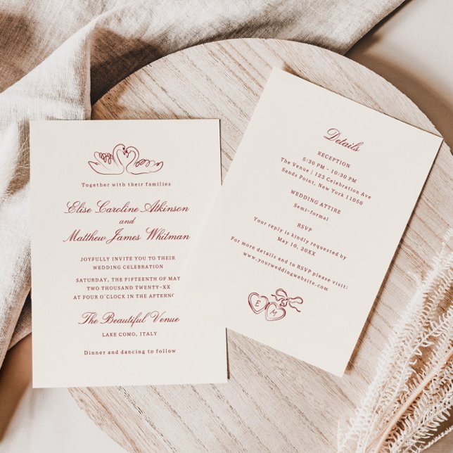 Invitation Red Illustrated Swans Whimsical All in One Wedding (Créateur téléchargé)
