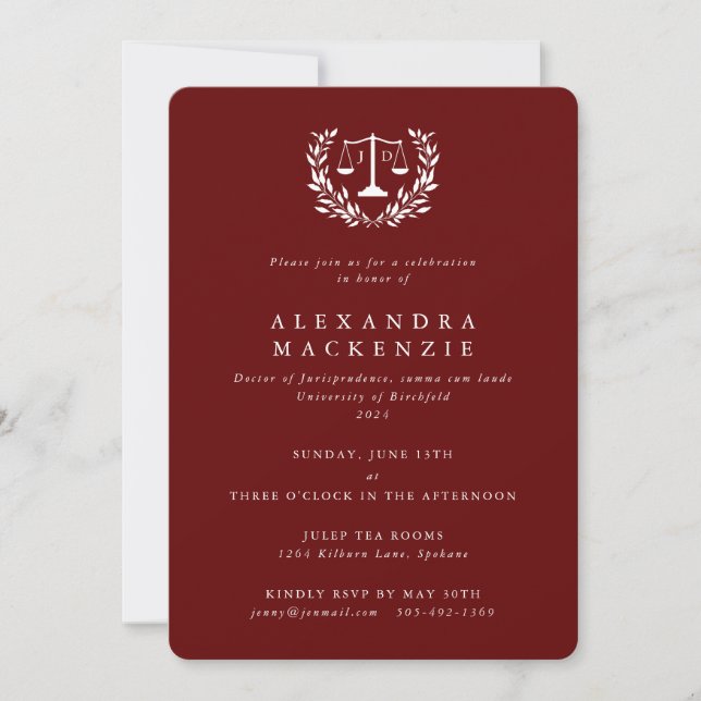 Invitation Red JD Law Scales Laurel Wreath Graduat Invitat (Devant)