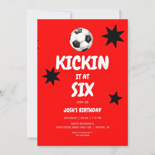 Invitation Red Kickin à Six Soccer 6e fête d'anniversaire (Devant)