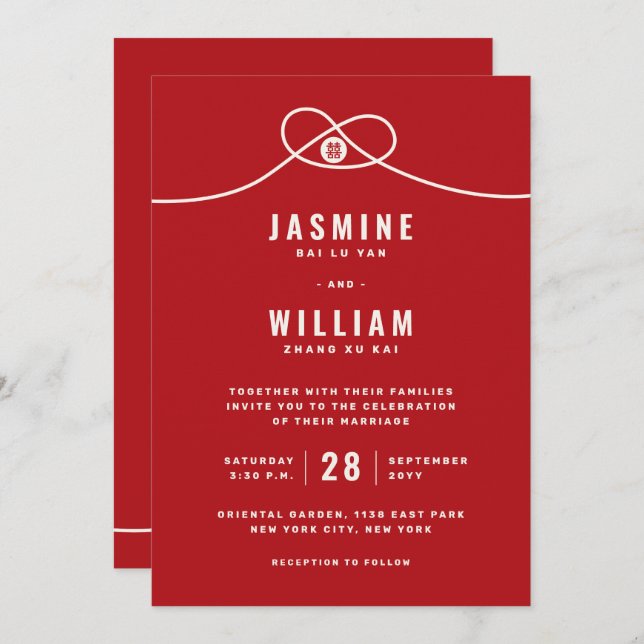 Invitation Red Knot Union Double Bonheur Mariage chinois (Devant / Derrière)