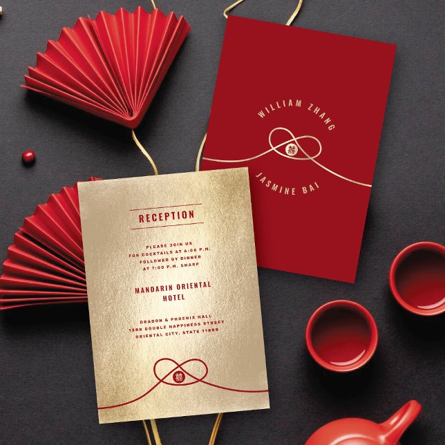 Invitation Red Knot Union Double Xi Réception de mariage chin (Gold/Red Knot Union Double Happiness Modern Chinese Wedding Reception Invitation @ fatfatin_red_knot)