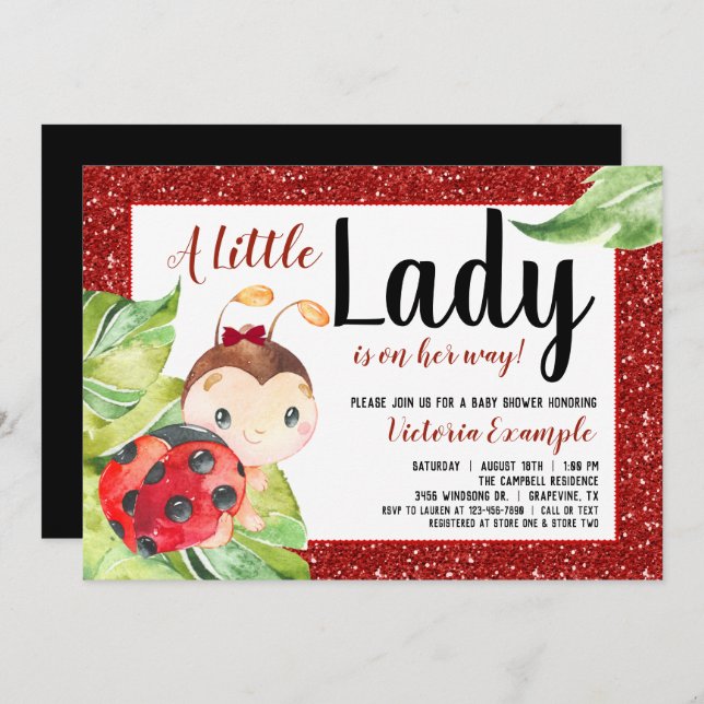 Invitation Red Ladybug Little Lady Baby shower (Devant / Derrière)