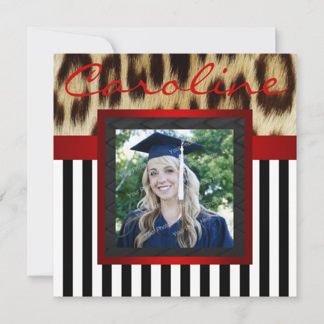 Invitation Red Leopard Stripes Grad Photo Invite (Devant)