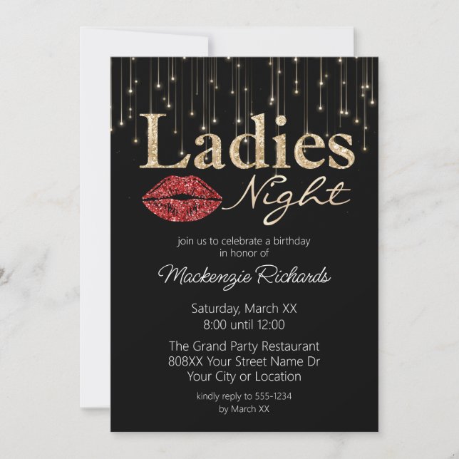 Invitation Red Lips et Gold Parties scintillant Dames Night (Devant)