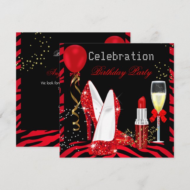 Invitation Red Lipstick Parties scintillant Zebra Anniversair (Devant / Derrière)