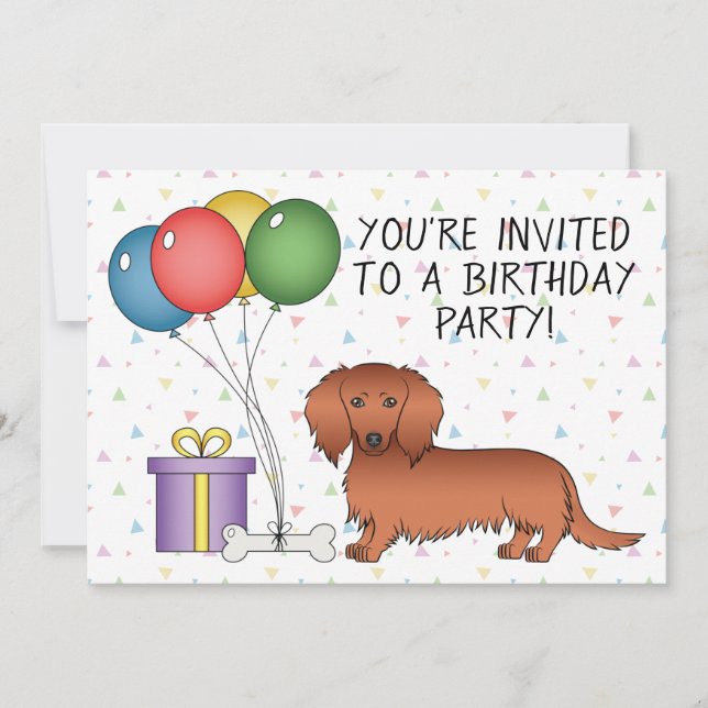 Invitation Red Long Hair Dachshund Dessin Chien fête d'annive (Devant)
