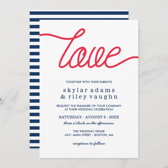 Invitation Red Love Preppy Mariage bleu (Devant / Derrière)