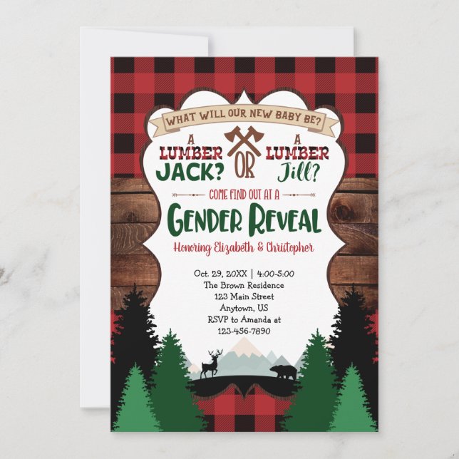 Invitation Red Lumberjack Baby shower de révélation de genre (Devant)