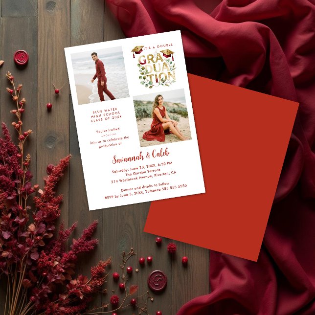 Invitation Red Luxury Glitter Siblings Twins Grads TMF26 (Luxury red and gold glitter faux effect siblings graduation invitation featuring double photos.)