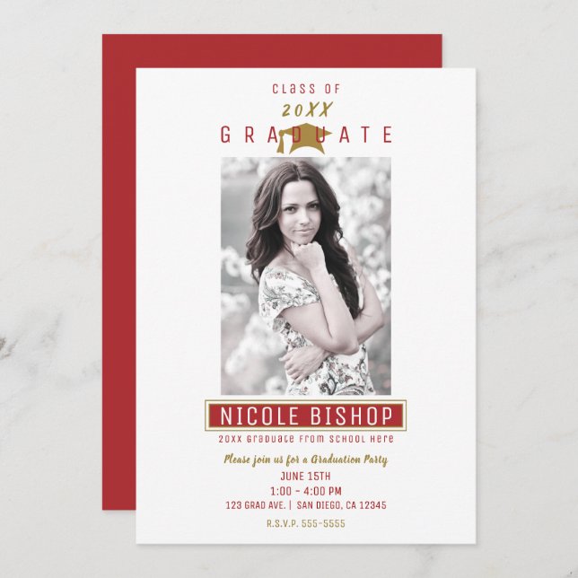 Invitation Red Maroon Gold White Graduation Party (Devant / Derrière)