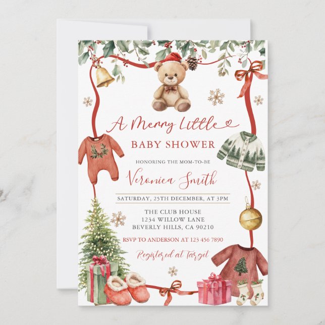 Invitation Red Merry Little Winter Christmas Baby Shower Invi (Devant)