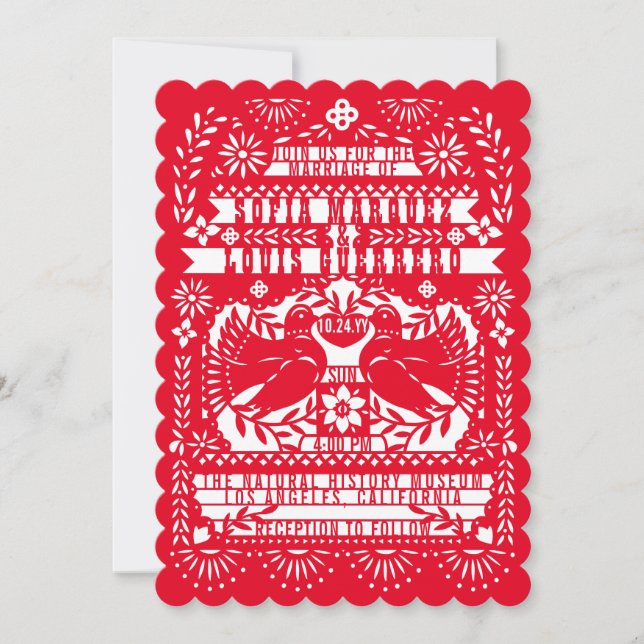 Invitation Red Mexican Fantail Doves Papel Picado Mariage (Devant)