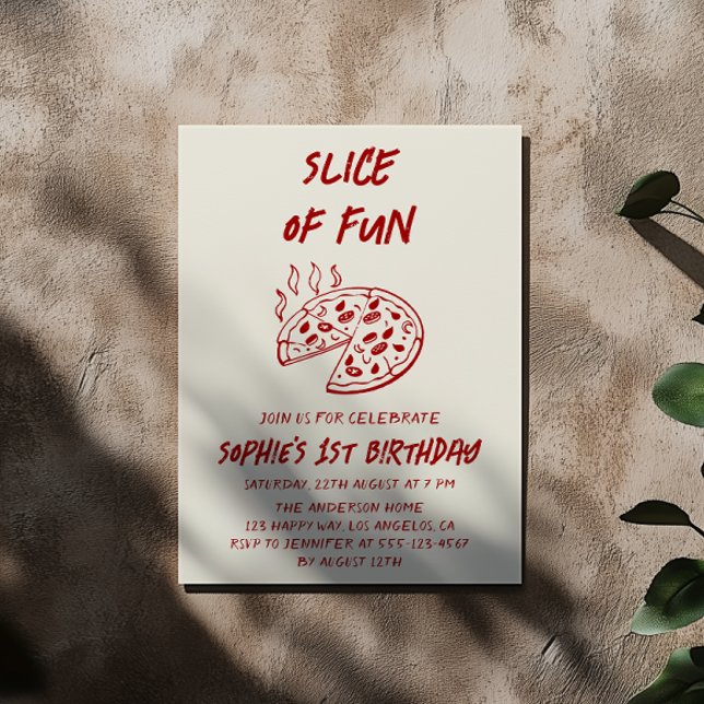 Invitation Red Minimal Slice of Fun Pizza Birthday  (Créateur téléchargé)