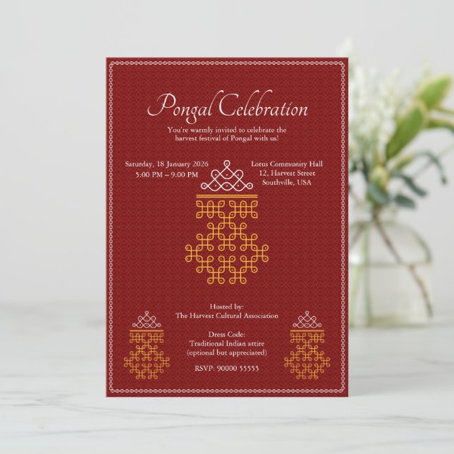 Invitation Red Minimal Tamil Kolam Pongal (Debout devant)