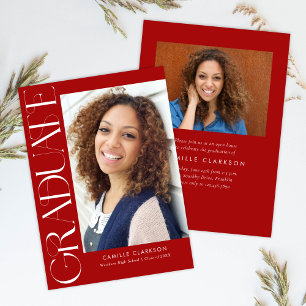 Invitation Red Modern Elegant Vertical Deux Diplôme Photo