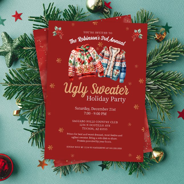 Invitation Red Modern Tacky Fête de Noël moche (red ugly sweater christmas party invitation)